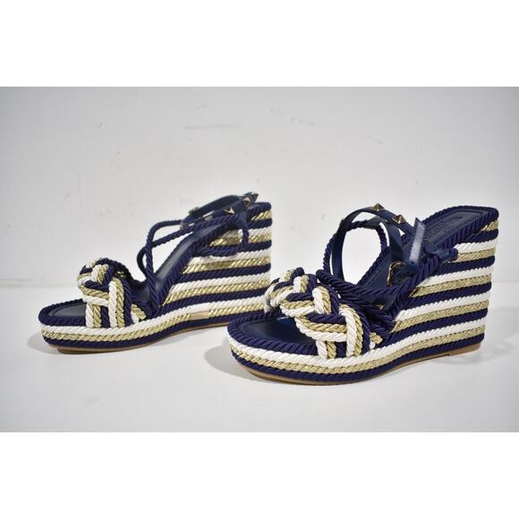 Valentino Rockstud Torchon Blue Stripe Cord Rope Wedge Ankle Strap Sandal 38 - Picture 10 of 12